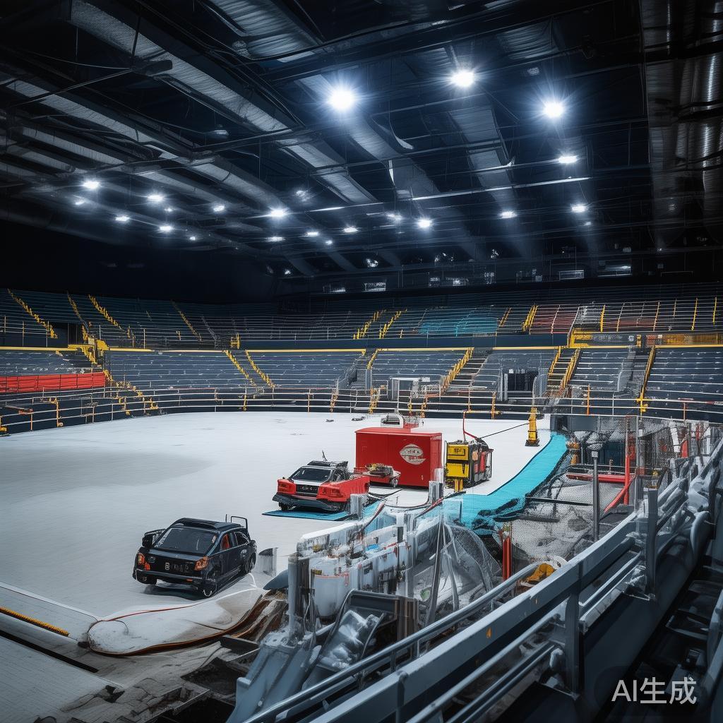 在体育场馆中，安全设备如防护栏、安全网、应急照明、